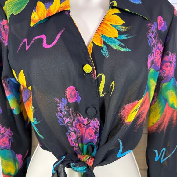VTG Hot stuff Y2K small black floral tie crop women blouse Fairycore whimsygoth - Picture 3 of 8